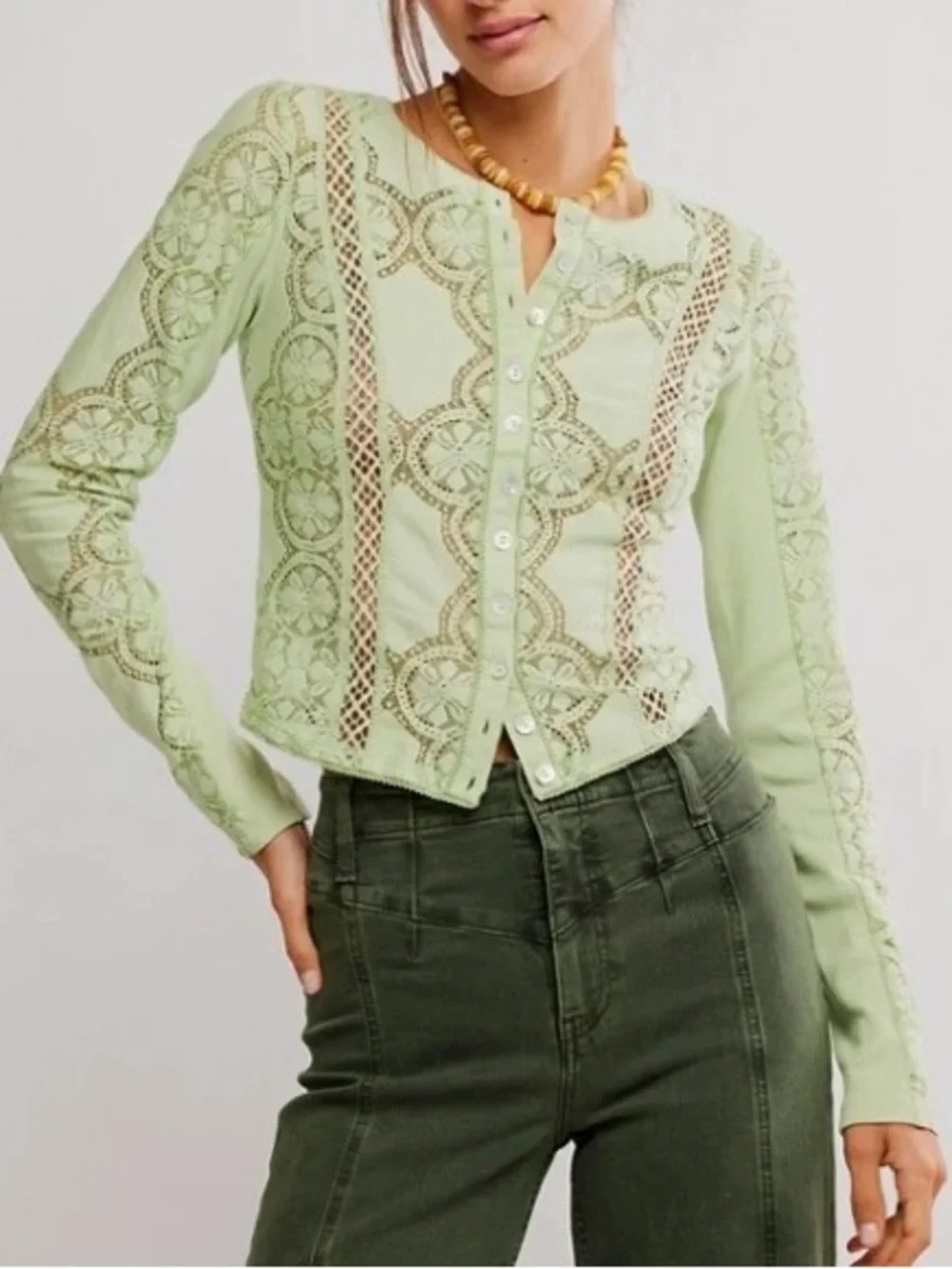 Free People Lace Button Front Cardigan Top – Soft Moss Green – Size Large